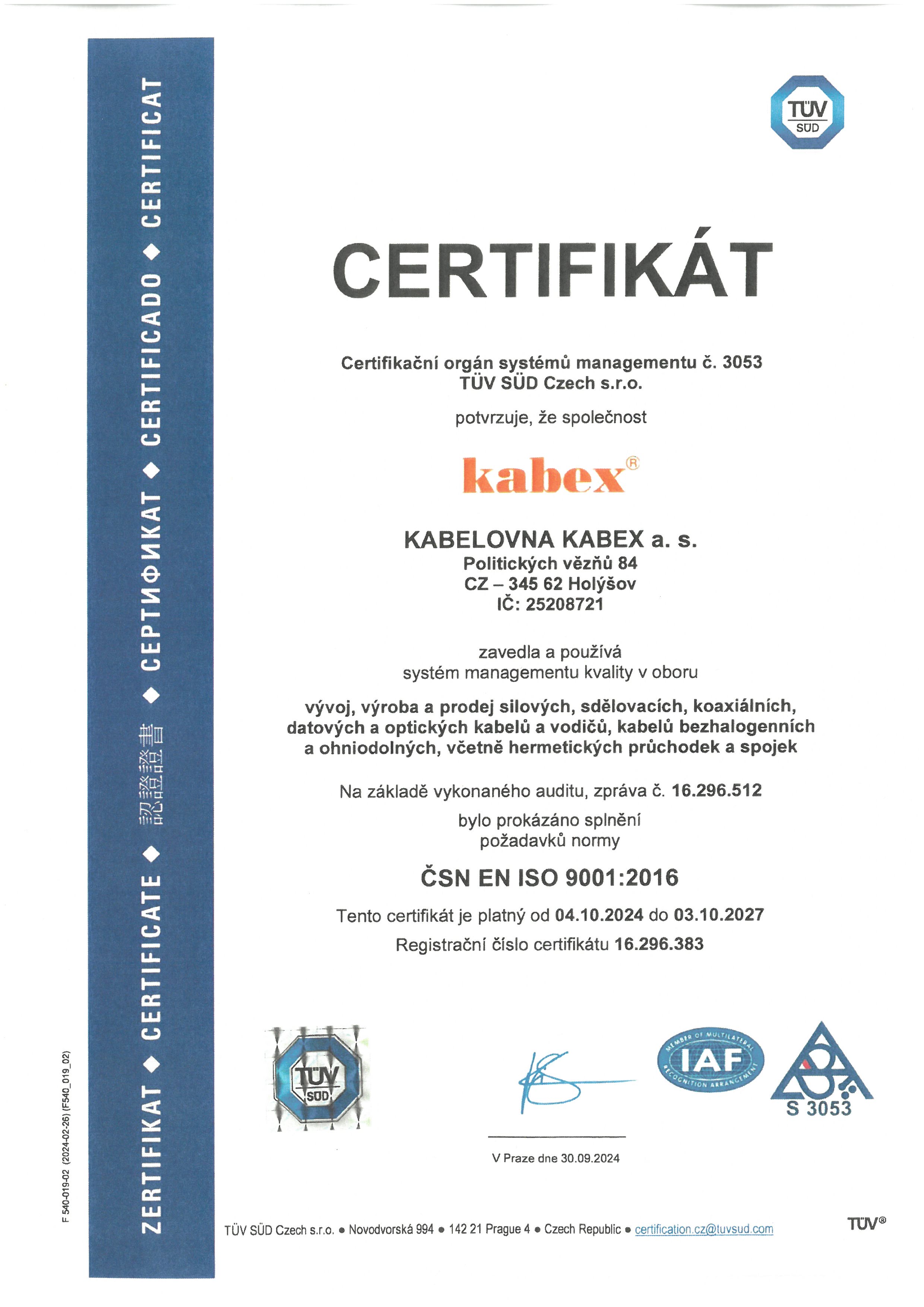 Certifikát ČSN EN ISO 9001:2016